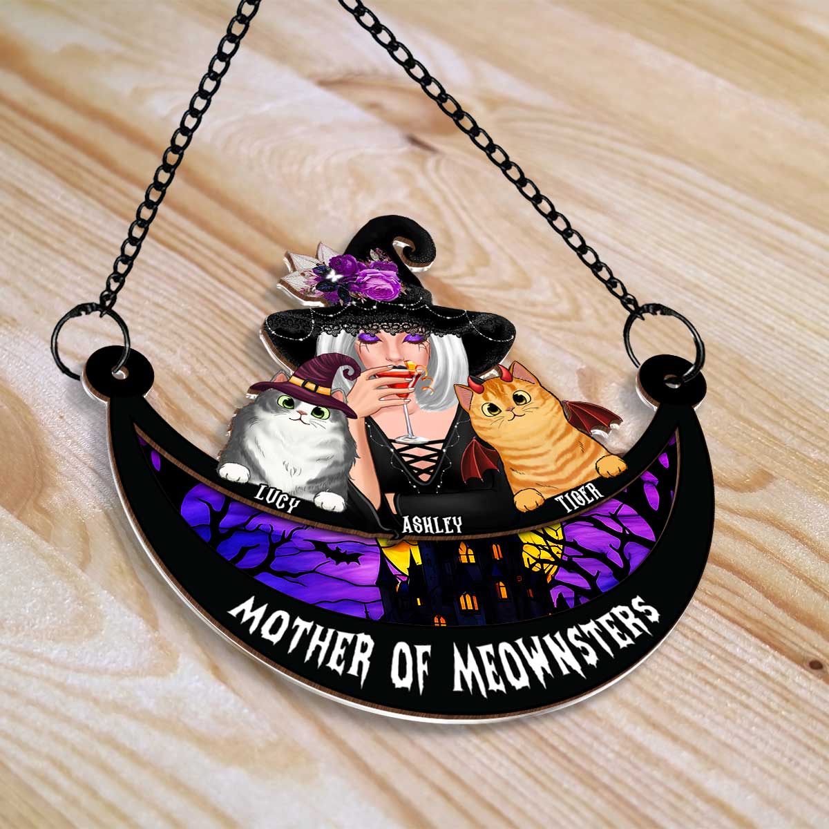 Wicked Cat Mom Stained Glass Moon Personalized Suncatchers, Halloween Decor For Cat Lovers
