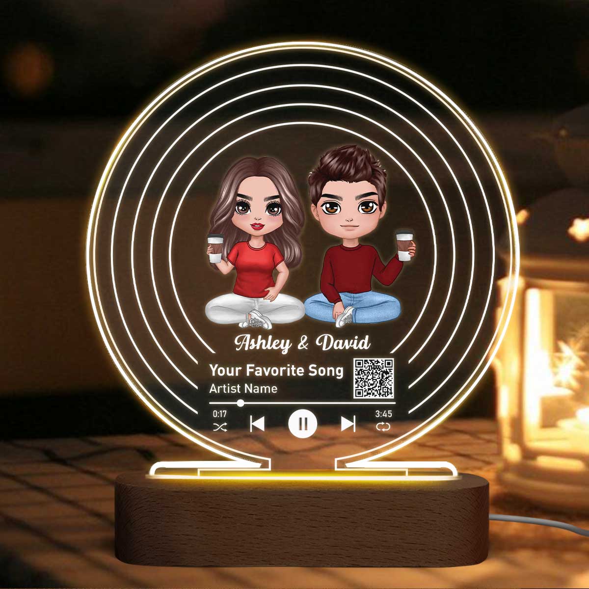 Relationship Song Doll Couple Sitting Scannable QR Code Music Record Personalized Acrylic Circle Plaque With LED Night Light