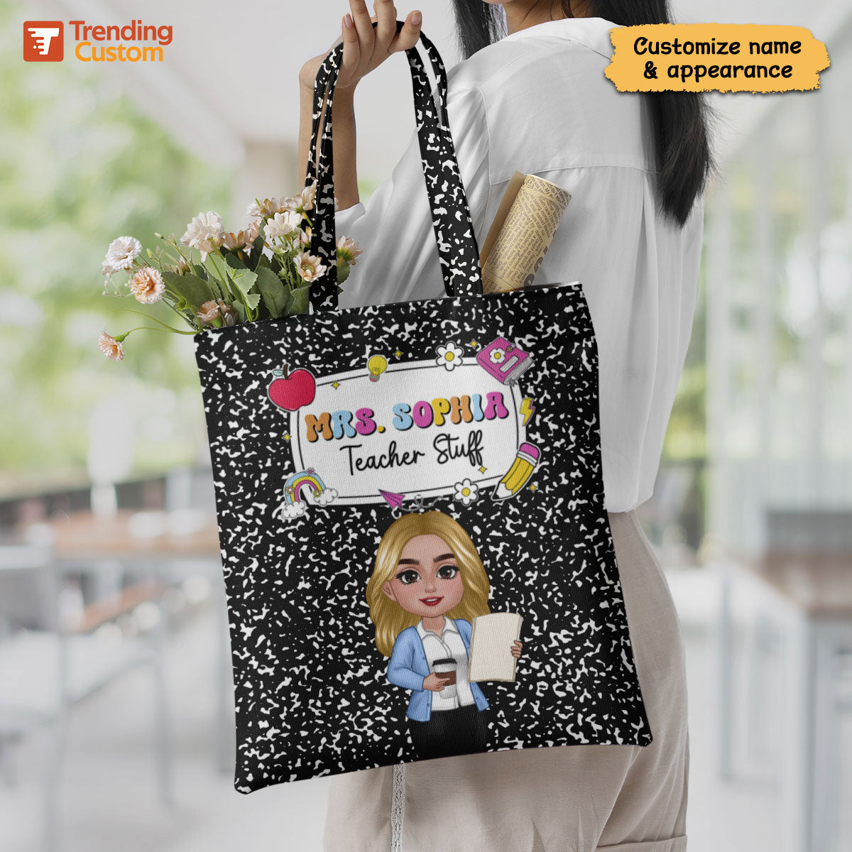 Teacher Composition Book Pattern Personalized Tote Bag, Back To School Gift For Teacher