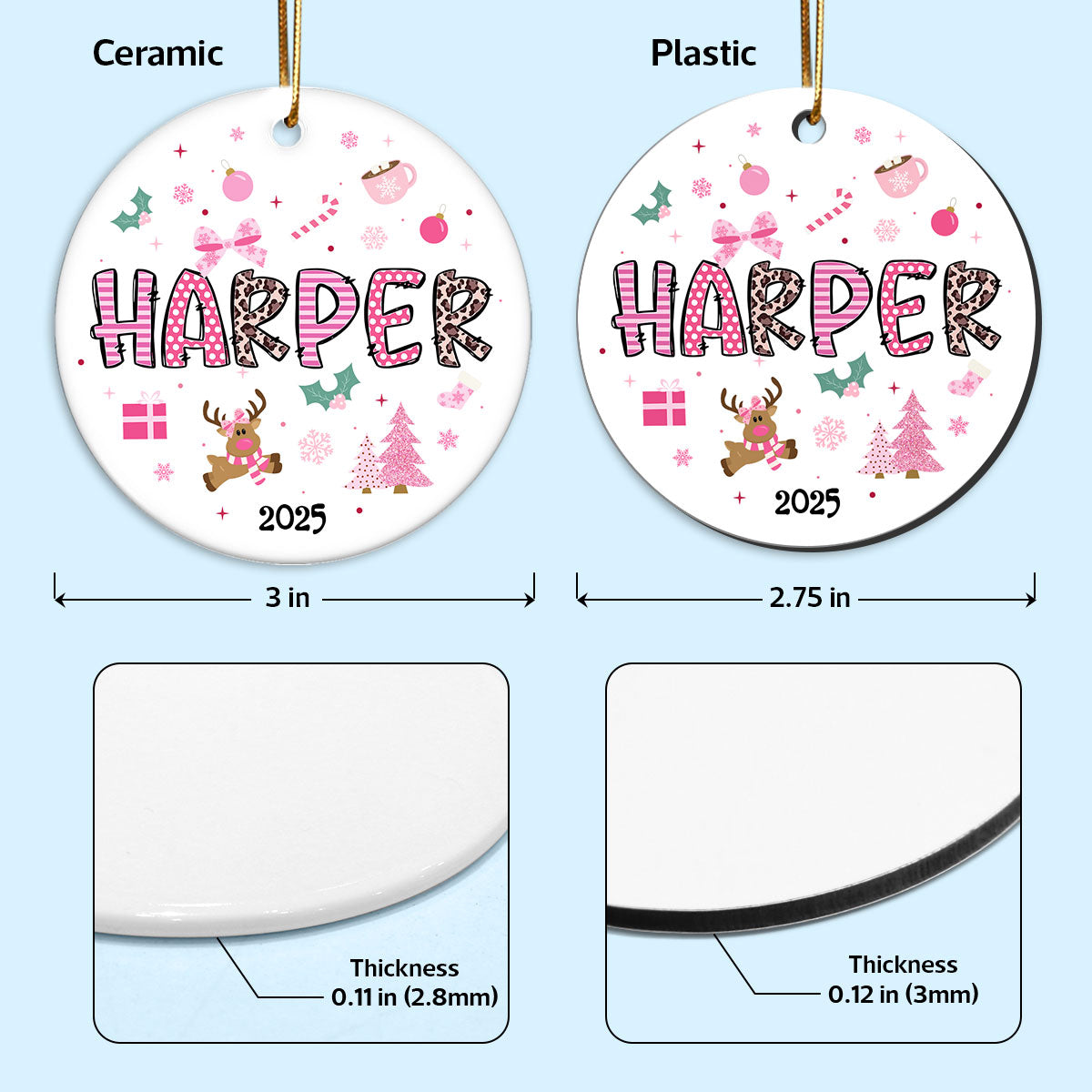 Pink Theme Girls Name Christmas - Personalized Ceramic Ornament - Gift For Daughter, Granddaughter