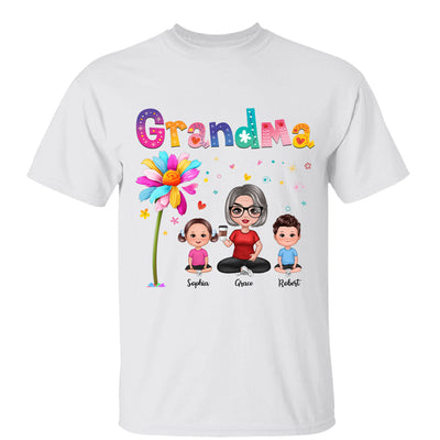 Colorful Floral Pattern Grandma With Grandkids Sitting Personalized Shirt