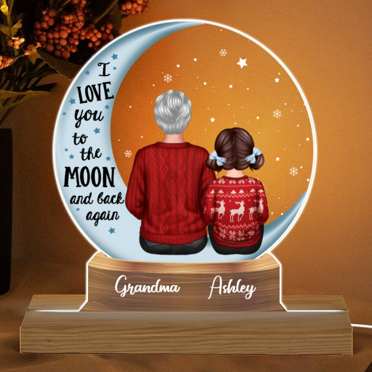 Snow Globe Grandma Grandkids On Moon Personalized Acrylic Custom Shape LED Night Light