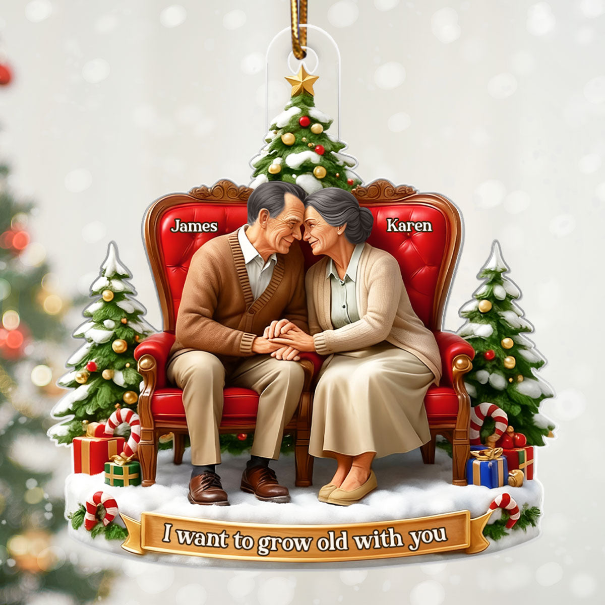 Old Couple Sitting Growing Old Together - Personalized Acrylic Ornament - Christmas Gift for him, Gift for her