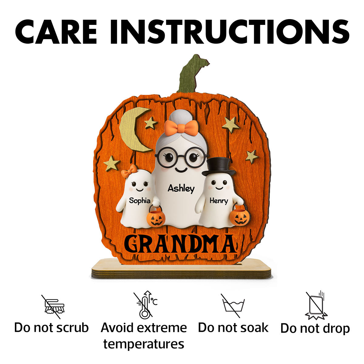 Halloween Grandma Grandkids Boo Pumpkin Shaped Pesonalized 2-Layer Standing Wooden Plaque, Tabletop Tier Tray Decor