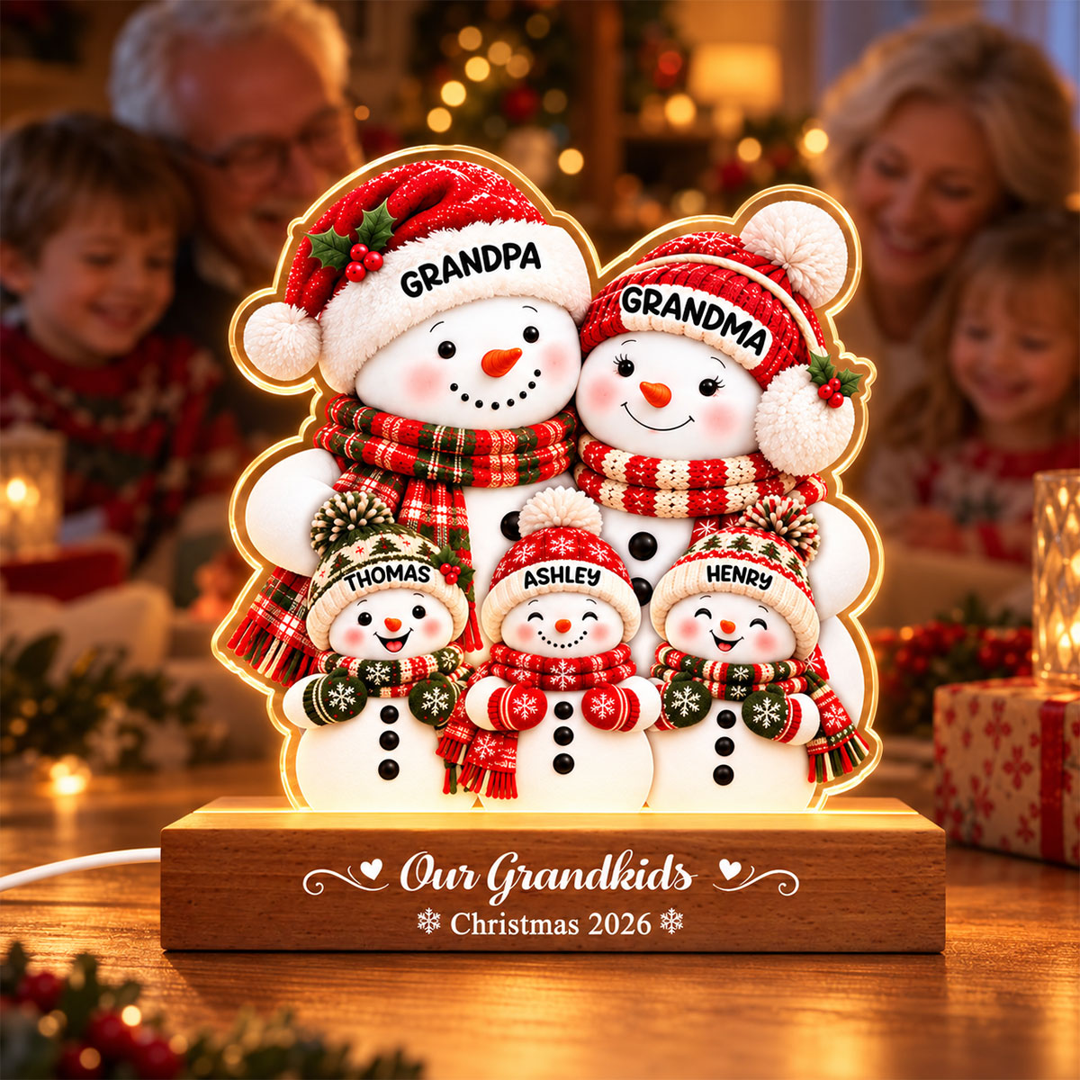 Cozy Warm Christmas Snowman Grandpa Grandma Grandkids - Personalized Acrylic Block LED Night Light - Christmas Decor For Grandparents