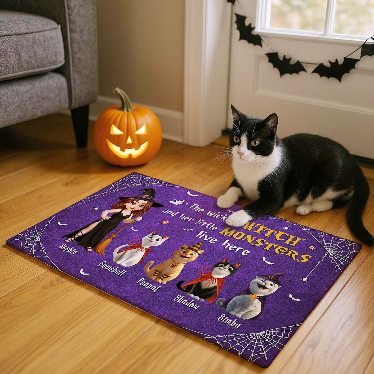 Halloween Wicked Witch & Little Monsters Cartoon Cats Personalized Doormat, Halloween Decor For Cat Lovers