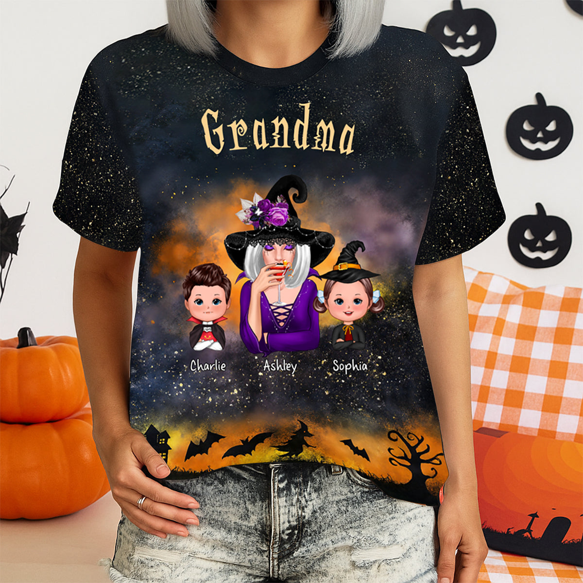 Grandma & Kids Witchy Ombre Tie-Dye Pattern Personalized Shirt Perfect Halloween Costume For Grandma
