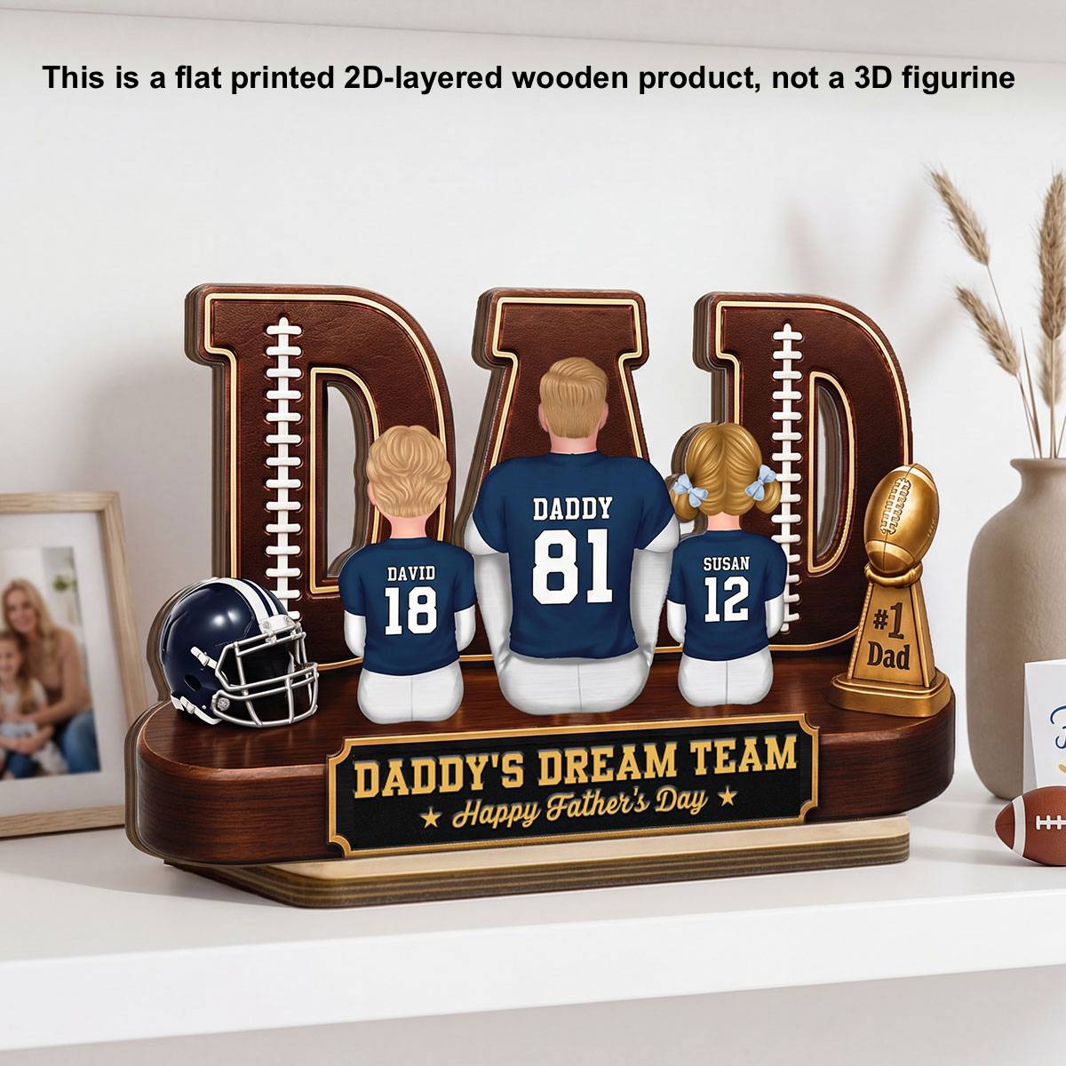 American Football Dad Legend Daddy's Dream Team - Personalized 2-Layered Wooden Plaque - Unique Trending  Gift For Dad, Husband, Football Fans