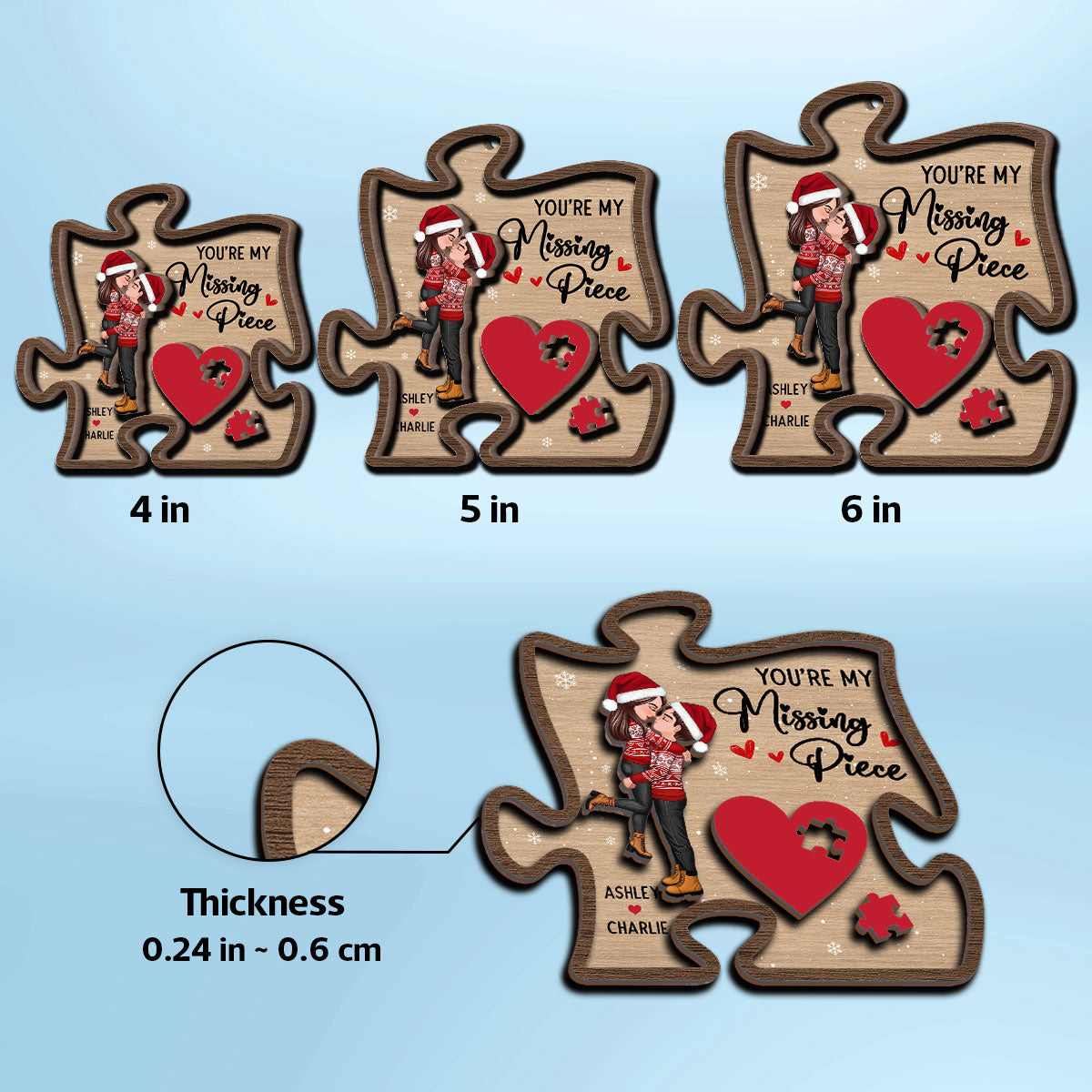 My Missing Piece Couple Hugging Kissing Christmas Personalized 2-Layer Wooden Ornament