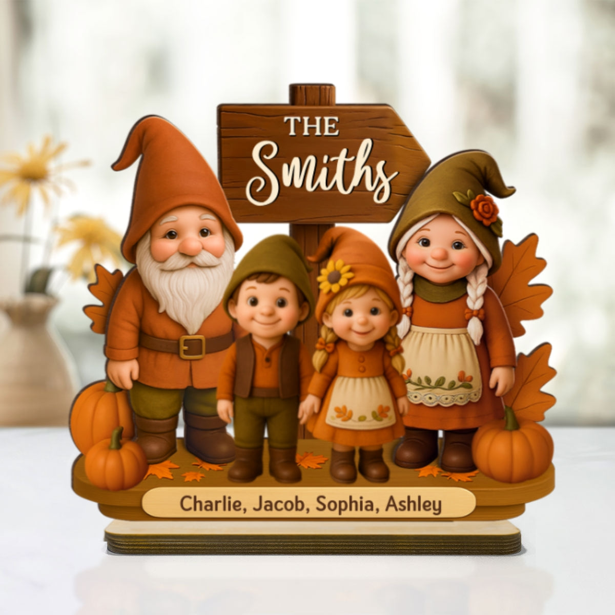 Gnome Family Fall Season Personalized 2-Layer Standing Wooden Plaque