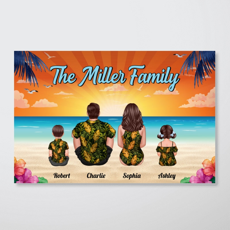 Summer Vibe Family Couple Kid Dog Cat Sitting At Beach Personalized Horizontal Poster