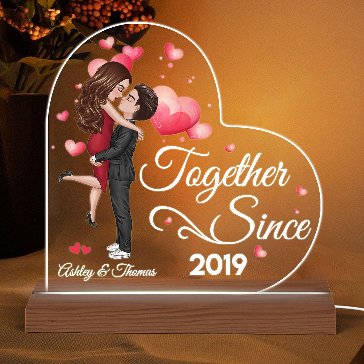 Doll Couple Hugging Kissing Together Since Personalized Heart Shaped Acrylic Plaque With LED Night Light - Anniversary Gift For Couple - Gift For Him, Gift For Her