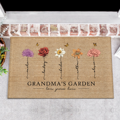 [FREE DELIVERY - Limited time offer] Grandma‘s Garden Love Grows Here Vintage Birth Flowers Swirl Name Personalized Doormat, Gift For Her, Mom, Grandma