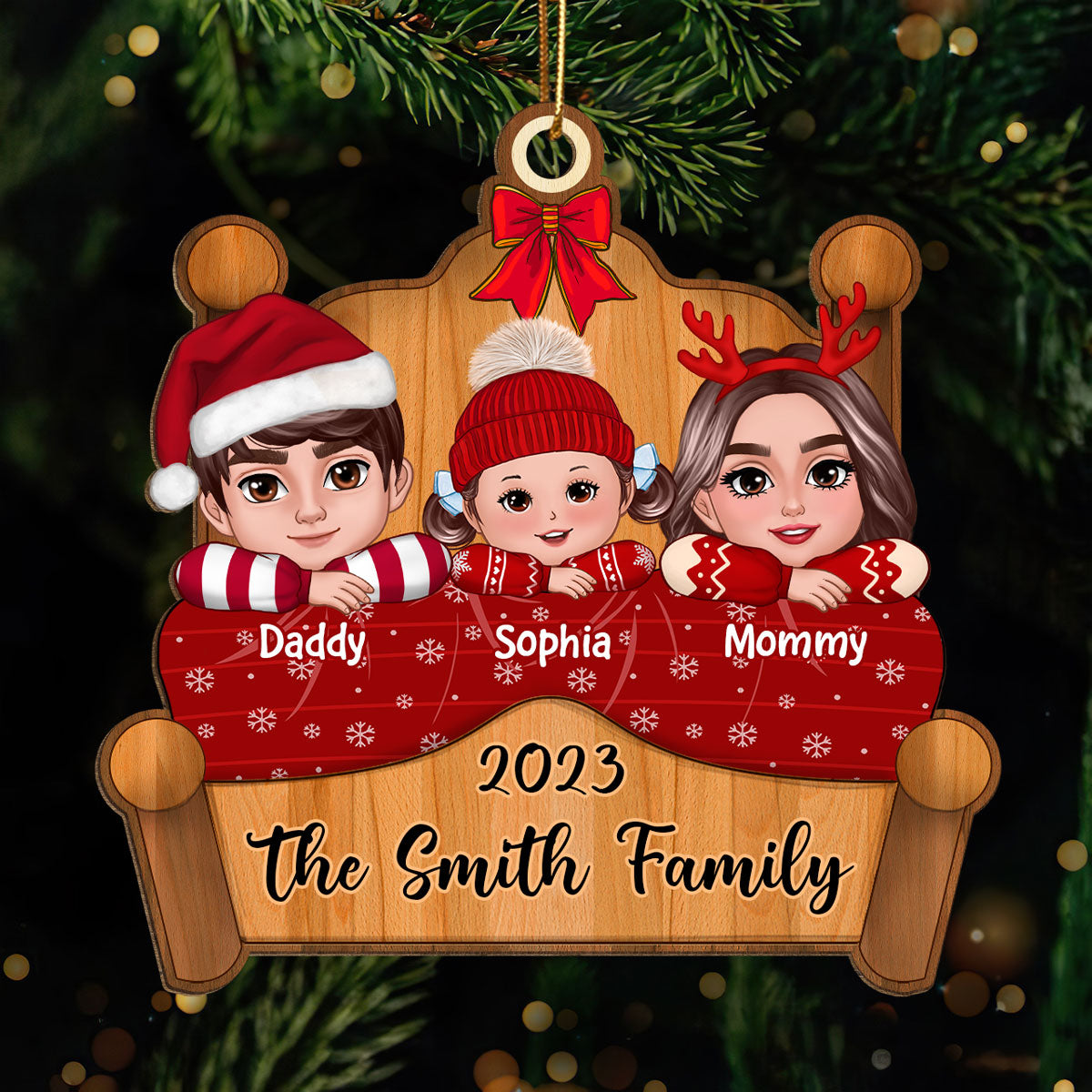Christmas Family Laying On Bed Christmas Gift Personalized Wooden Ornament