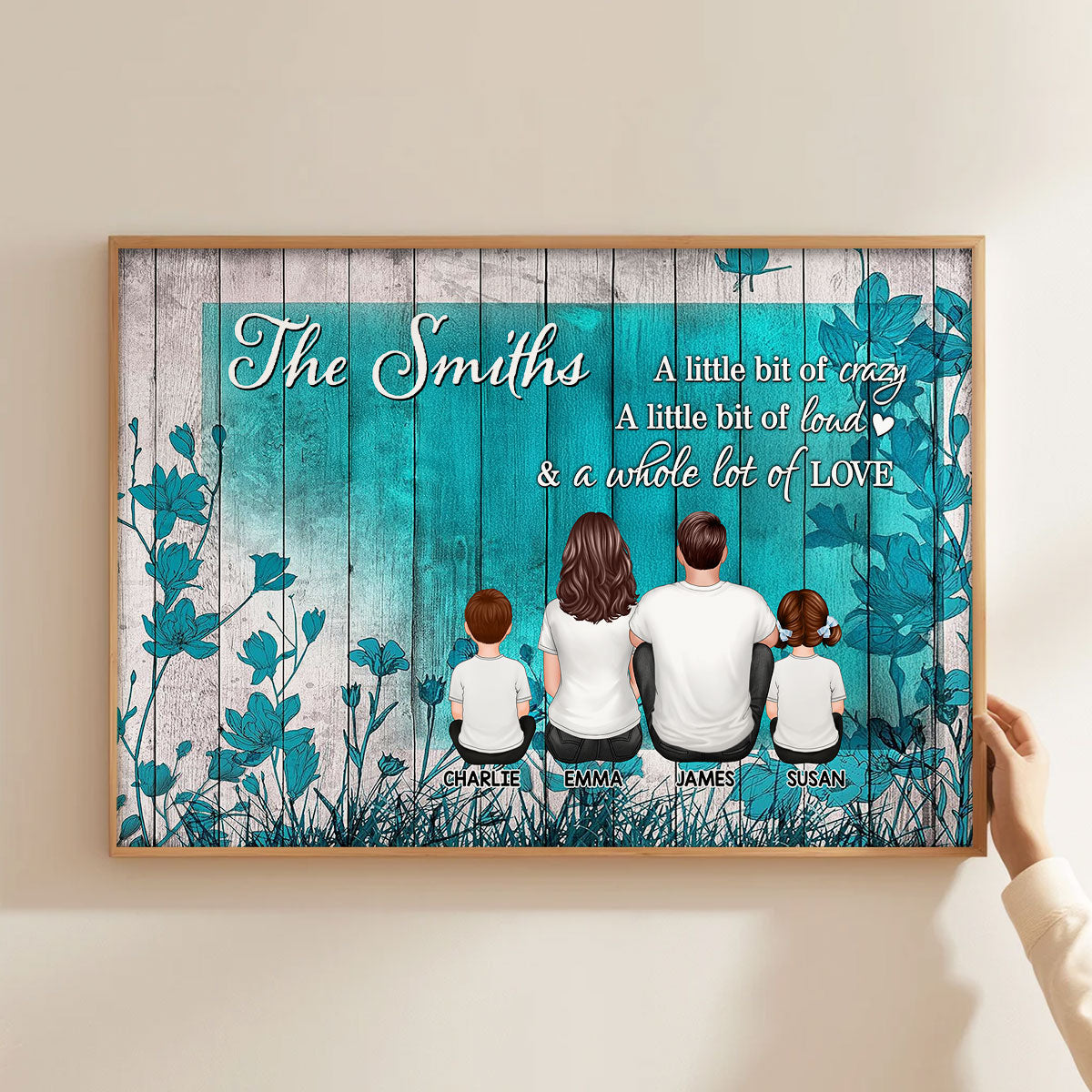 Teal Flower Family Sitting Personalized Poster