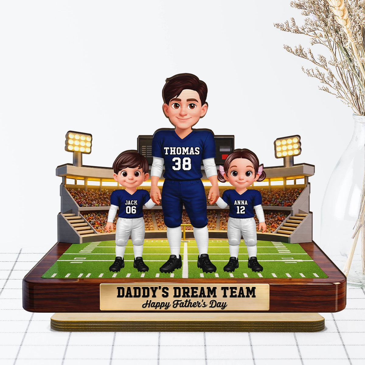 American Football Dad And Kids - Personalized 2-Layered Wooden Plaque - Father's Day Gift For Dad