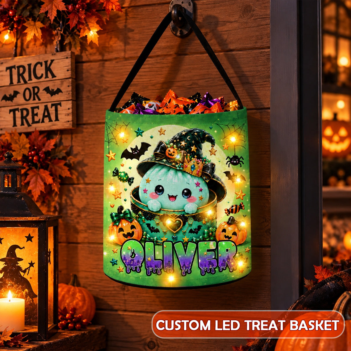 Kawaii Cute Halloween Dumpling - Personalized LED Trick or Treat Bucket - Custom Name Treat Bucket for Kids