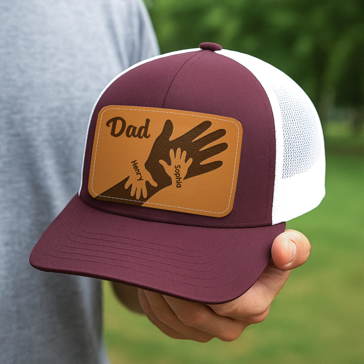 Dad Grandpa Kids Hands Personalized Leather Patch Hat, Father's Day gift