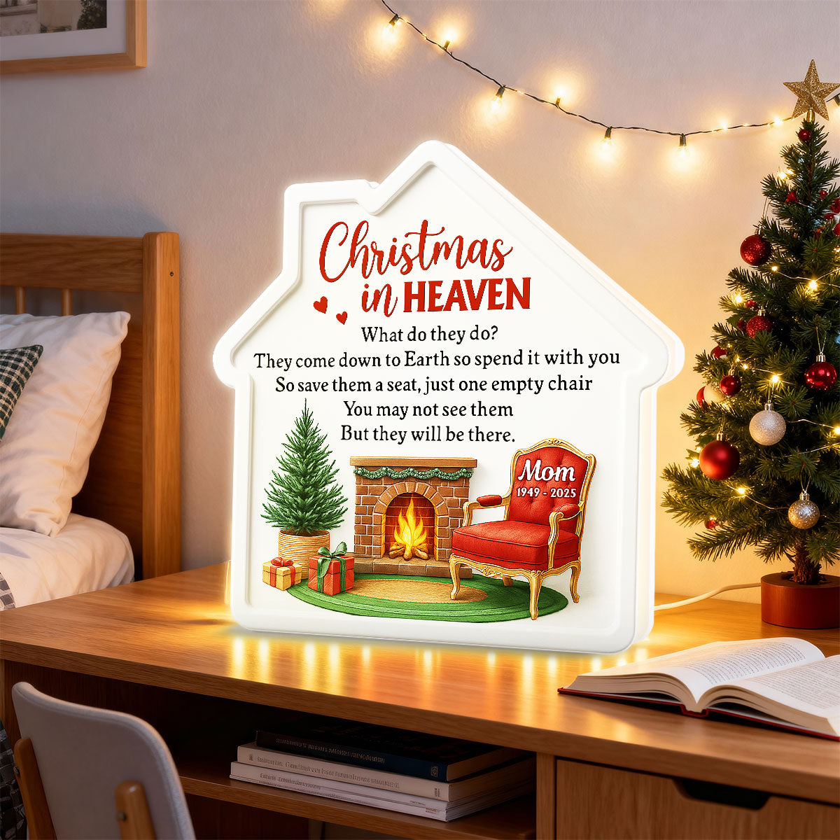 3D Effect Christmas In Heaven Family Memorial House Shaped - Personalized Light Box
