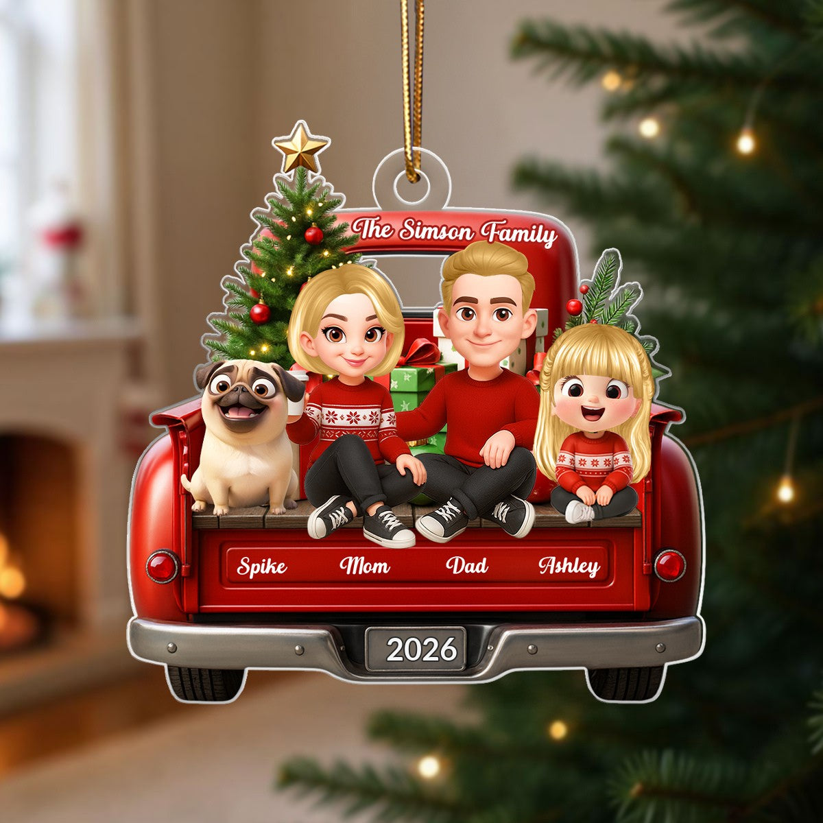 Family Sitting On Christmas Truck Personalized Acrylic Ornament, Christmas Gift for Husband, Wife