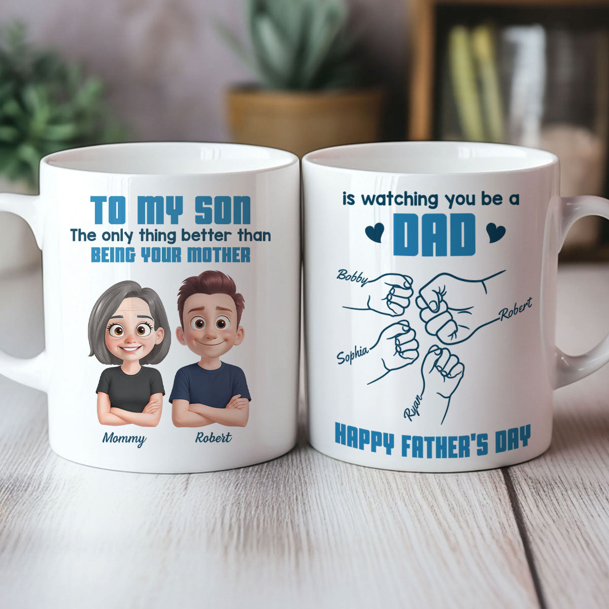 From Mom To Son Watching You Be A Dad Cartoon Style Fist Bump Personalized Mug, Father's Day Gift For Son