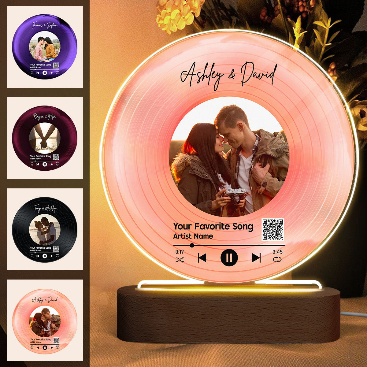 Couple Photo & Favorite Song Scannable QR Code Personalized Acrylic Circle LED Night Light