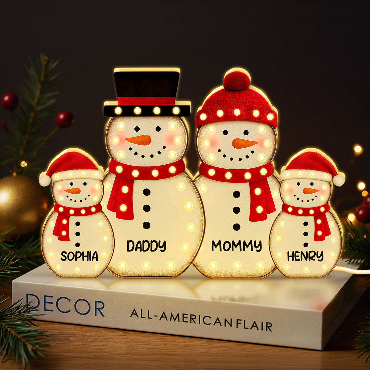 Snowman Family Marquee Effect Personalized LED Light Box, Christmas Gift Decoration