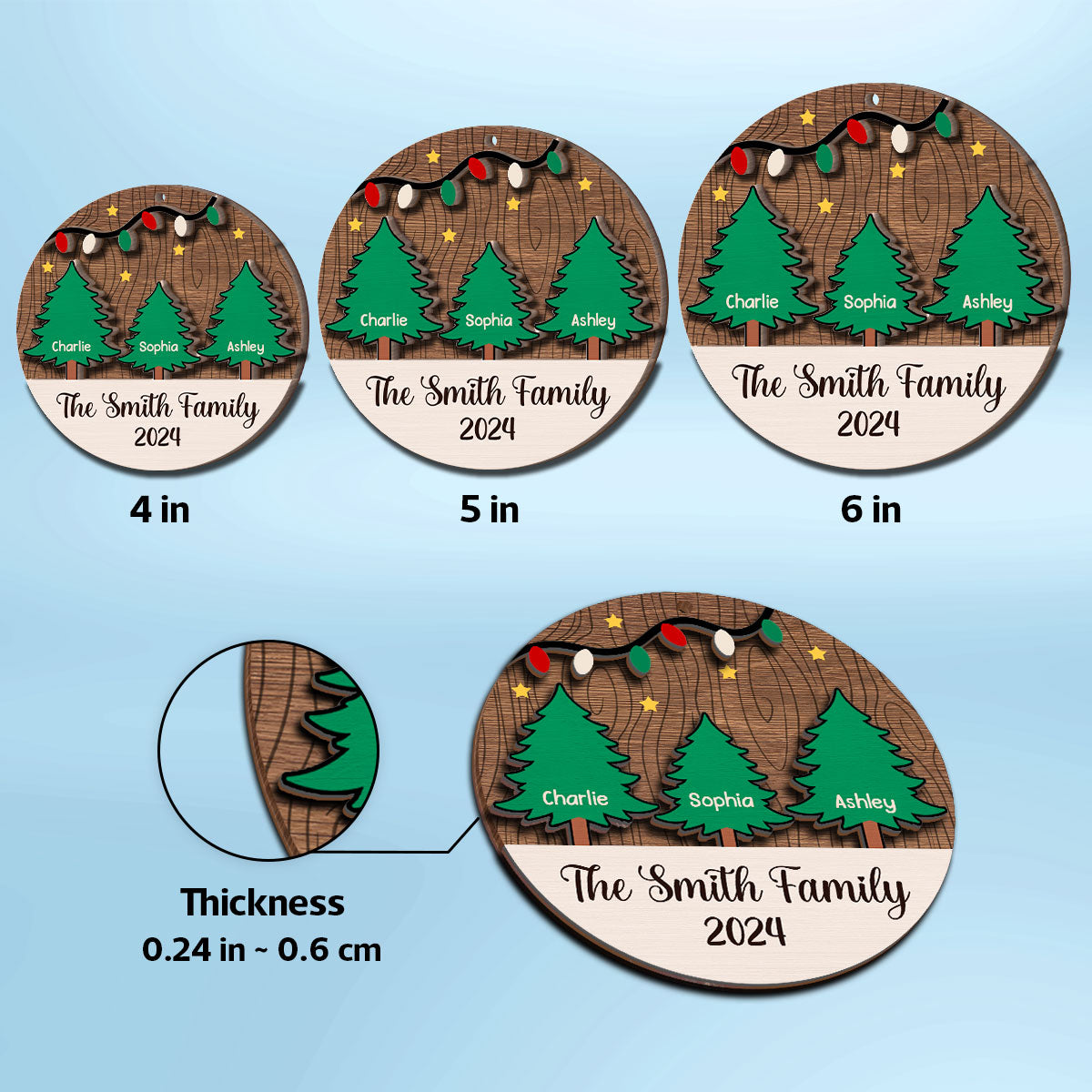Christmas Tree Family Member Names Personalized 2-Layer Wooden Ornament
