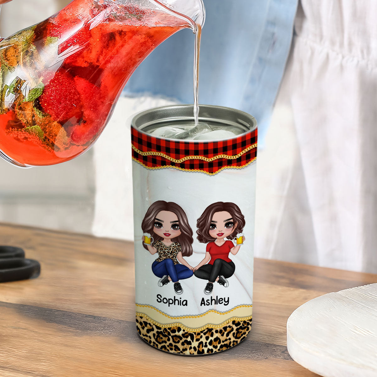 Leopard And Red Plaid Best Friends Personalized 4 In 1 Can Cooler
