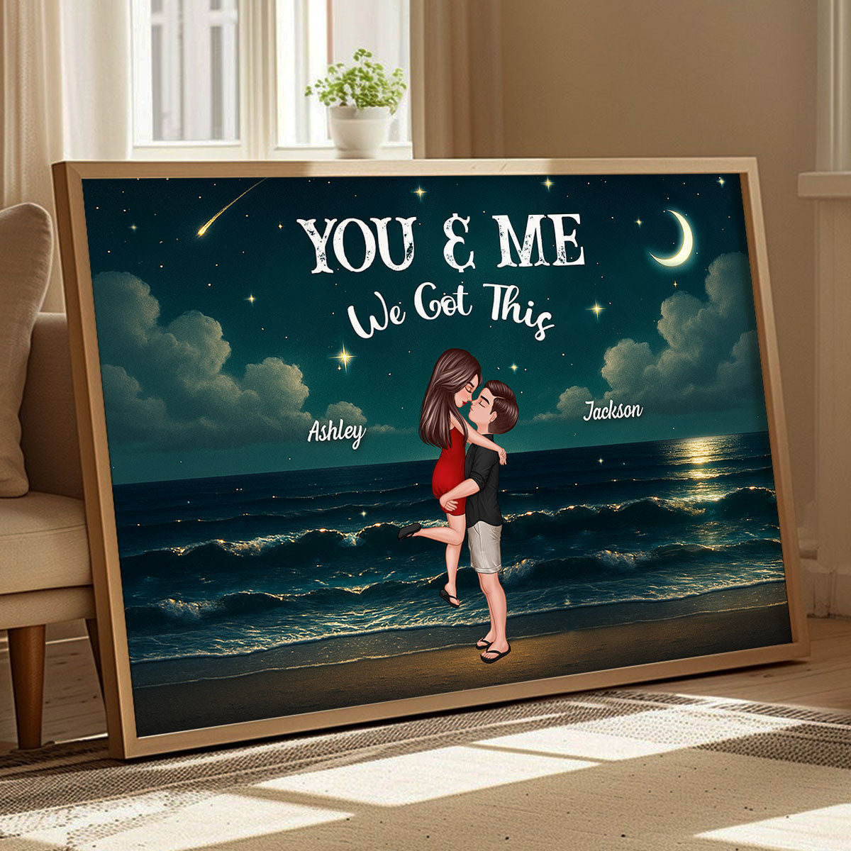 Night Beach Landscape Couple Hugging Kissing Personalized Poster, Unique & Meaningful Wall Art For Your Home