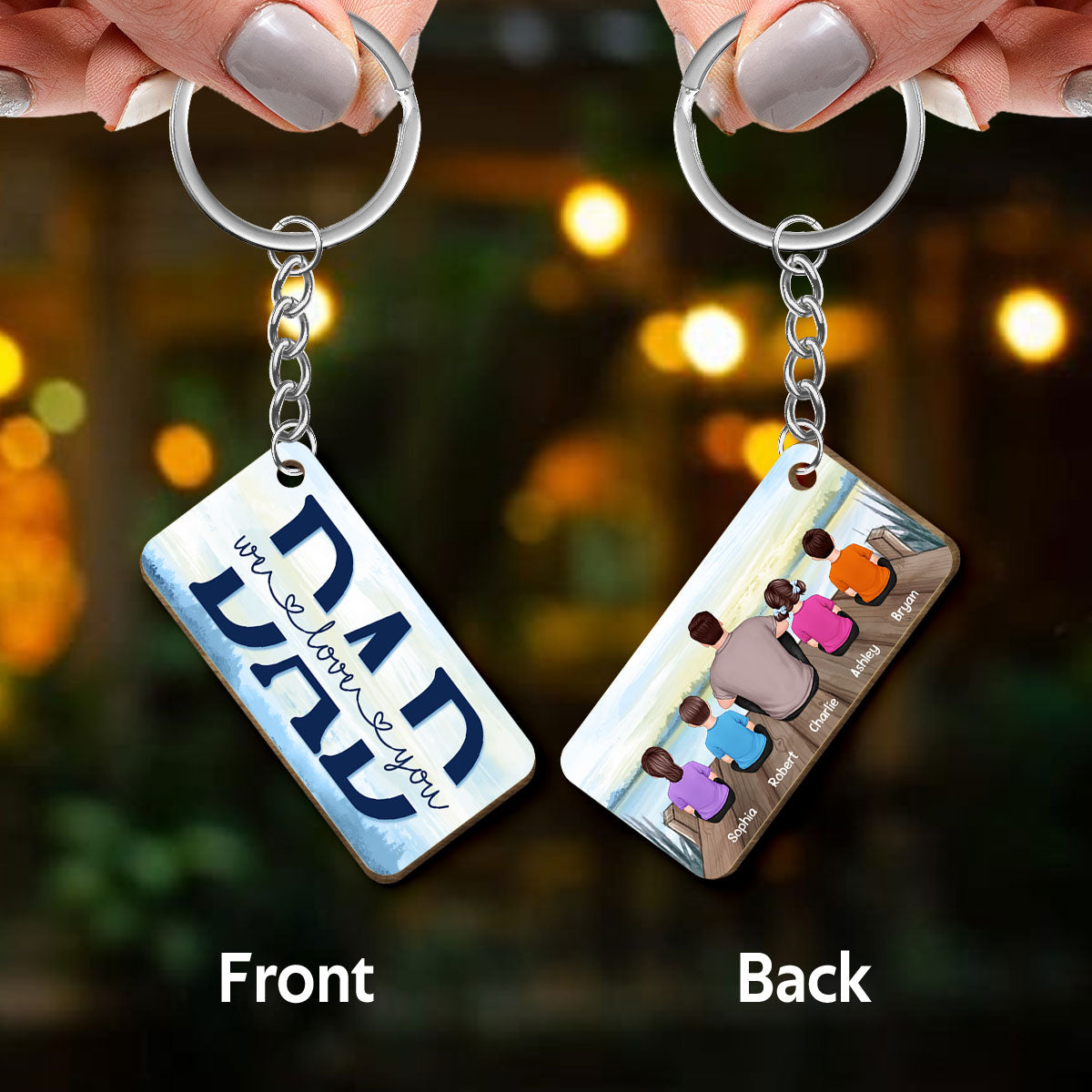Dad And Kids Back View Lake Personalized Wooden Keychain