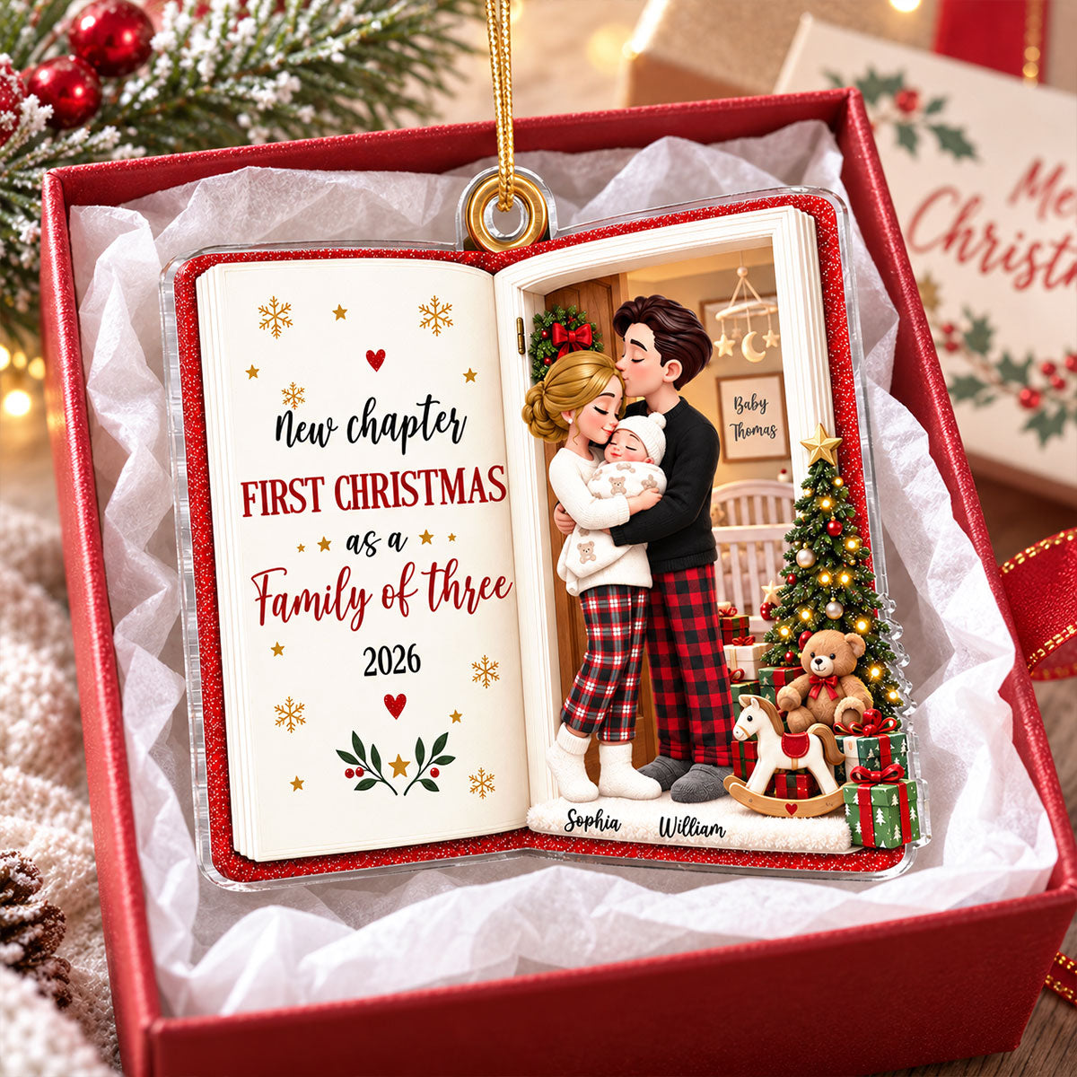 New Chapter First Christmas As Family Of Three 2D Flat - Personalized Acrylic Ornament - Christmas Tree Keepsake For New Parents