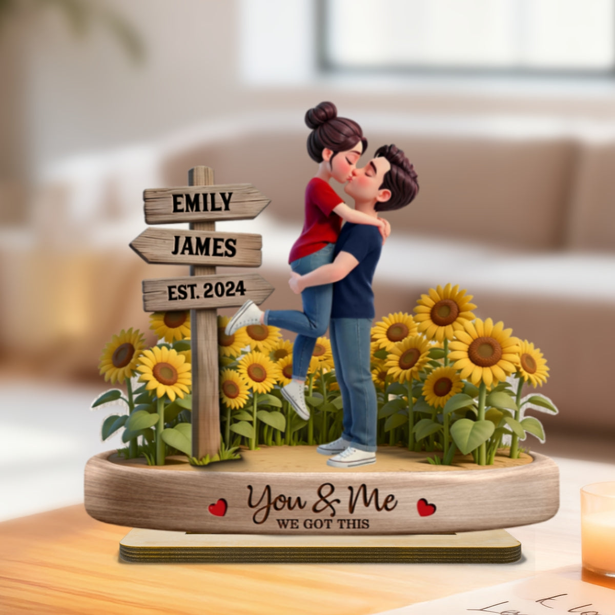 Everlasting Love Couple Hugging Kissing Sunflower Field Sign Posts - Personalized 2-Layered Wooden Plaque - Valentine's Day Gift For Couple