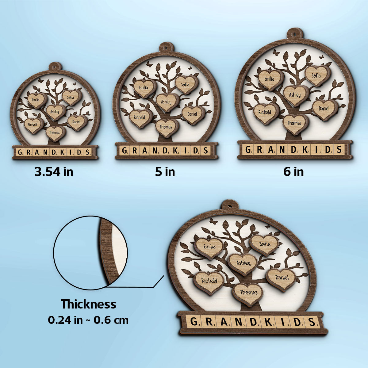 Grandkids Heart Tree Personalized 2-Layer Wooden Ornament