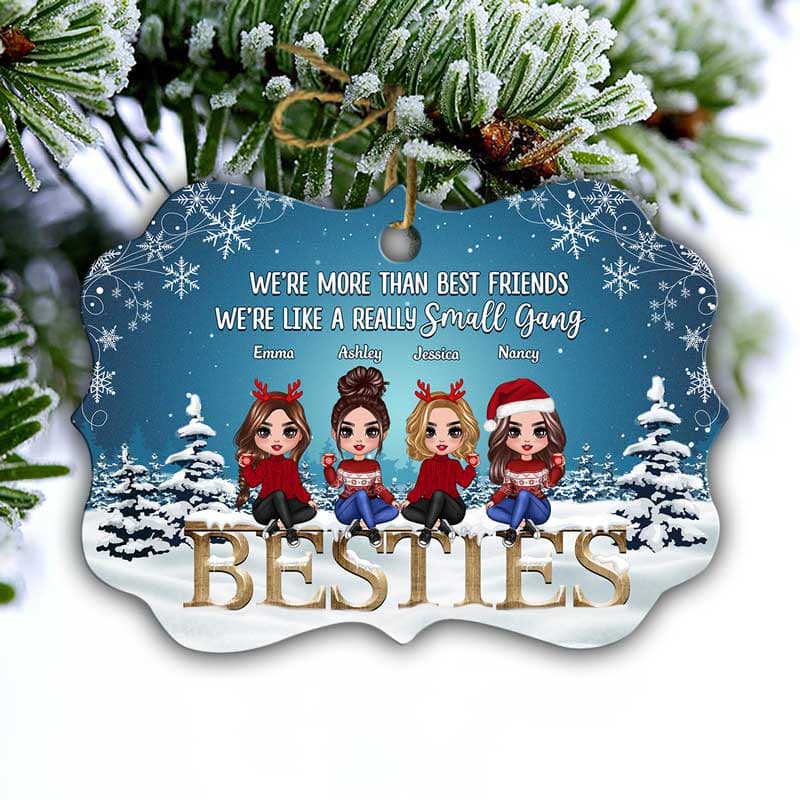 Doll Besties Sitting On Word Snow Blue Background Personalized Christmas Ornament