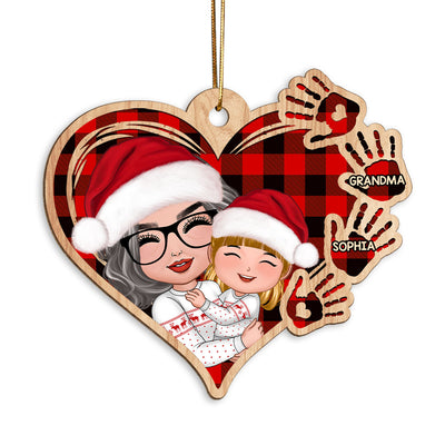 Grandma Mom Hugging Kid Checkered Pattern Heart Handprints Personalized Wooden Ornament