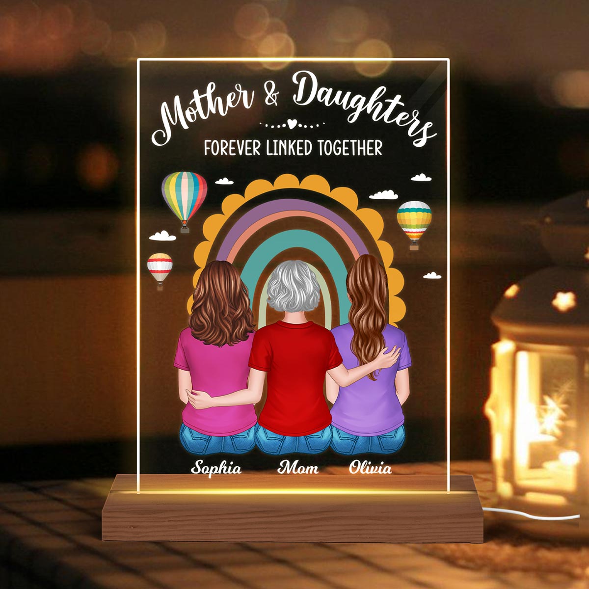 Mother Daughter Back View Rainbow Air Balloon Personalized Acrylic LED Night Light