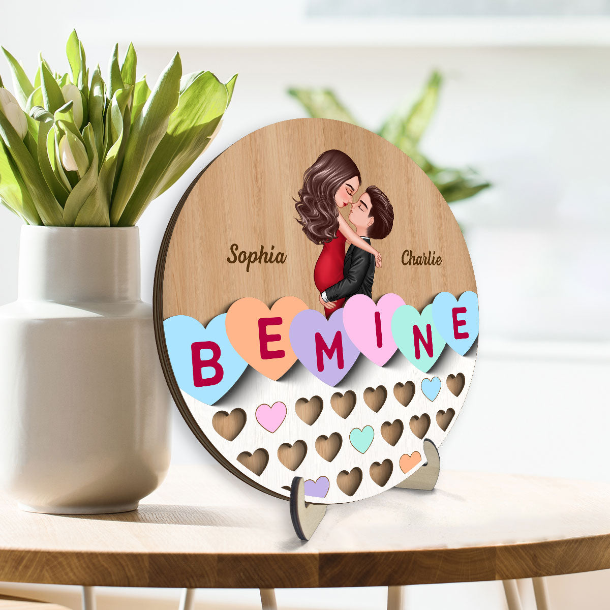 Be Mine Conversation Heart Couple Kissing Personalized 2-layer Wooden Plaque, Gift For Him, For Her