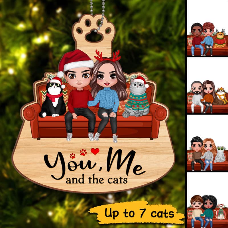 Couple & Cats On Sofa Simple Personalized Wooden Ornament