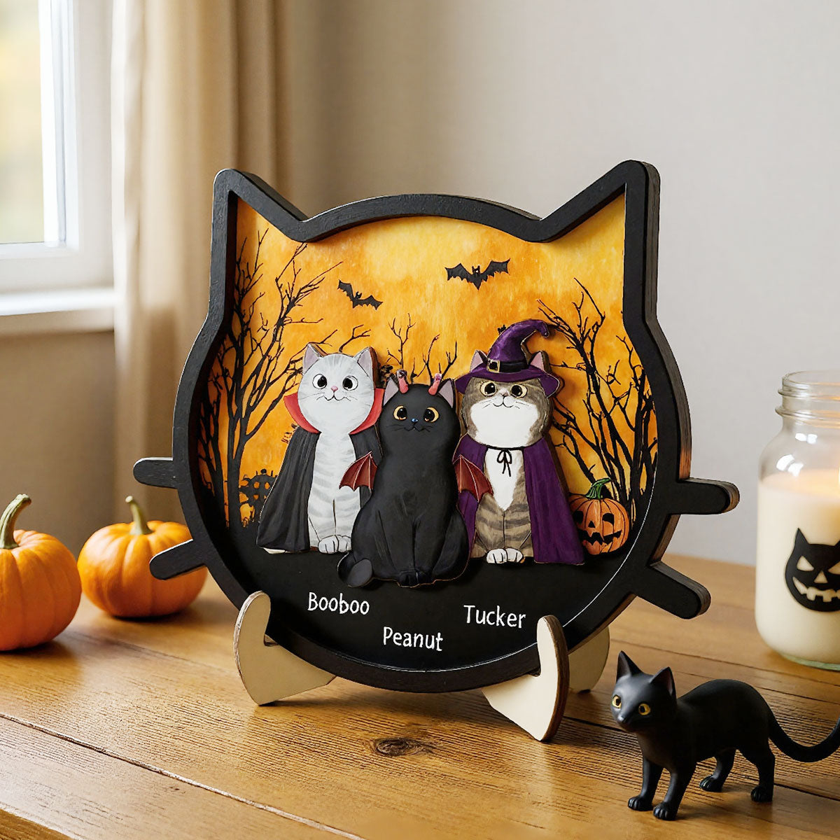 Spooky Halloween Theme Cat Face Personalized 2-Layer Wooden Plaque