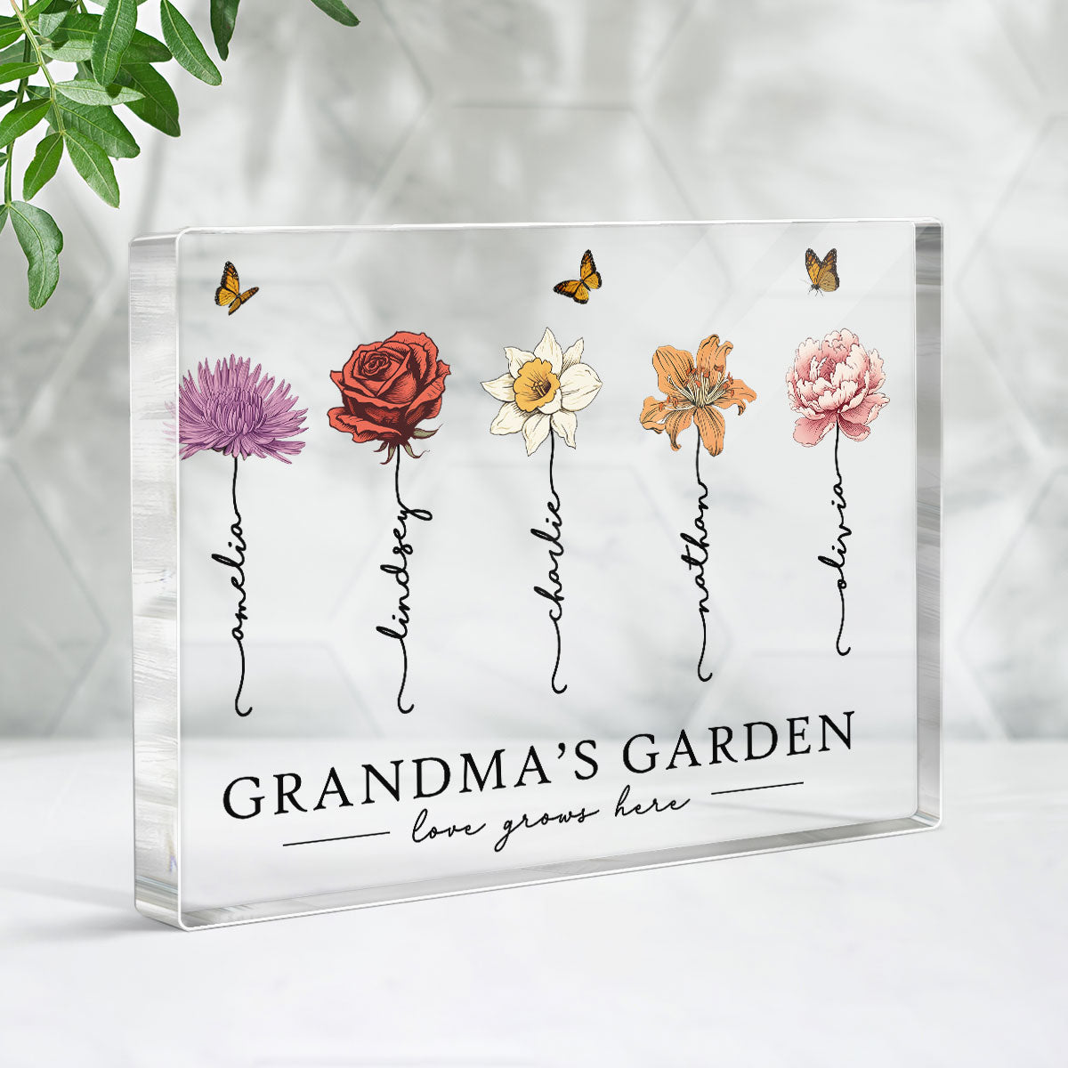 Grandma‘s Garden Love Grows Here Beautiful Birth Month Flower Gift For Grandma Mom Personalized Acrylic Block