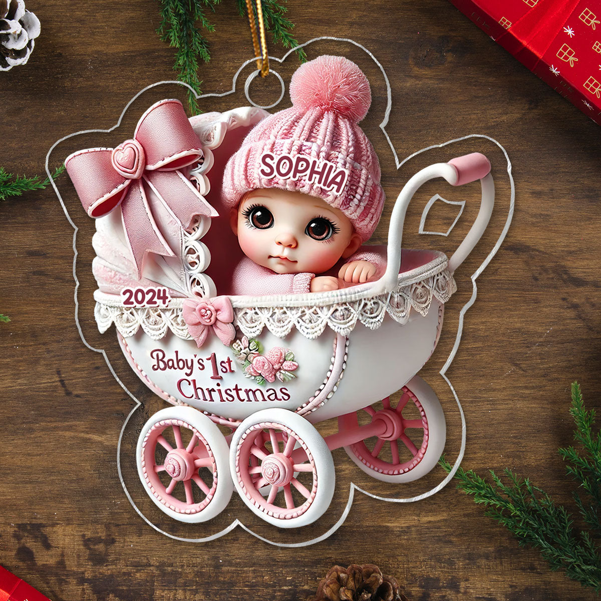3D Effect Newborn Baby In Carriage Christmas Personalized Acrylic Ornament, Christmas Gift For Newborns, New Parents