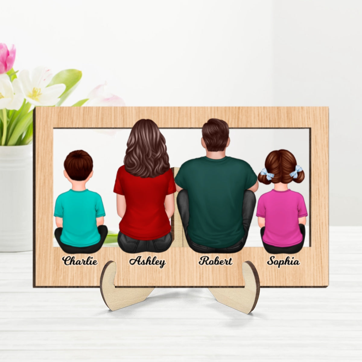 Family Sitting Back View Frame Personalized 2-Layer Wooden Plaque