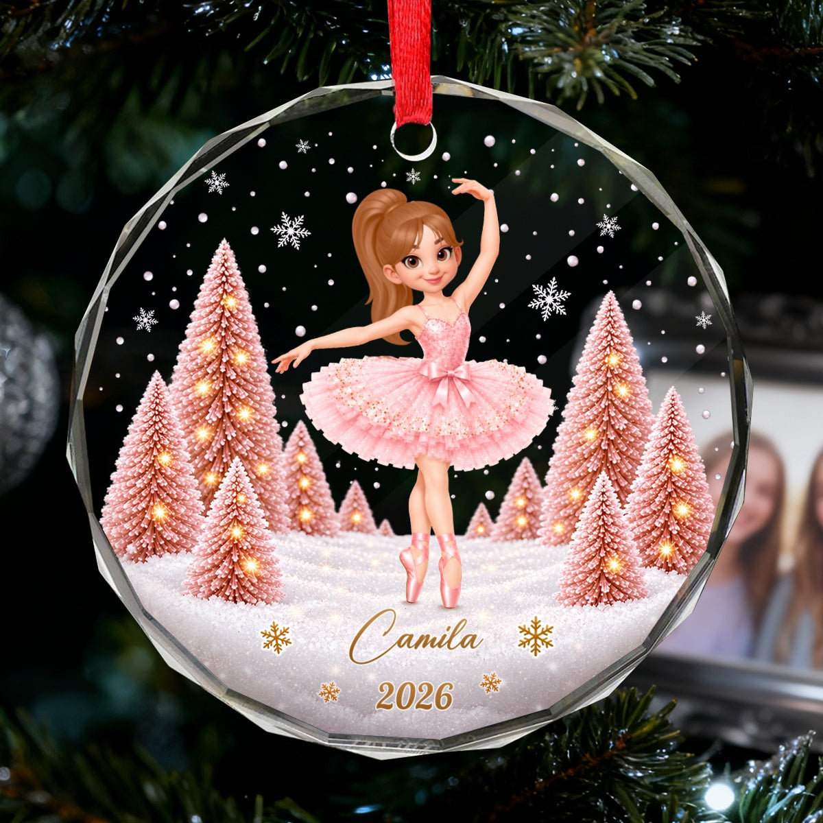 Pink Ballerina 2D Flat - Personalized Glass Ornament – Christmas Gift for Daughter, Granddaughter & Young Dancers