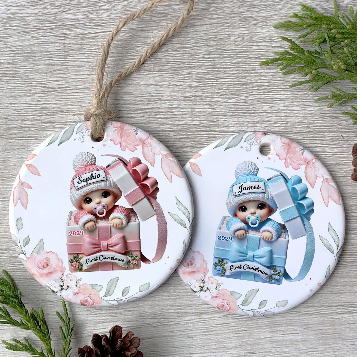Floral Wreath Baby Inside Gift Box Personalized Ceramic Ornament, Baby First Christmas Keepsake
