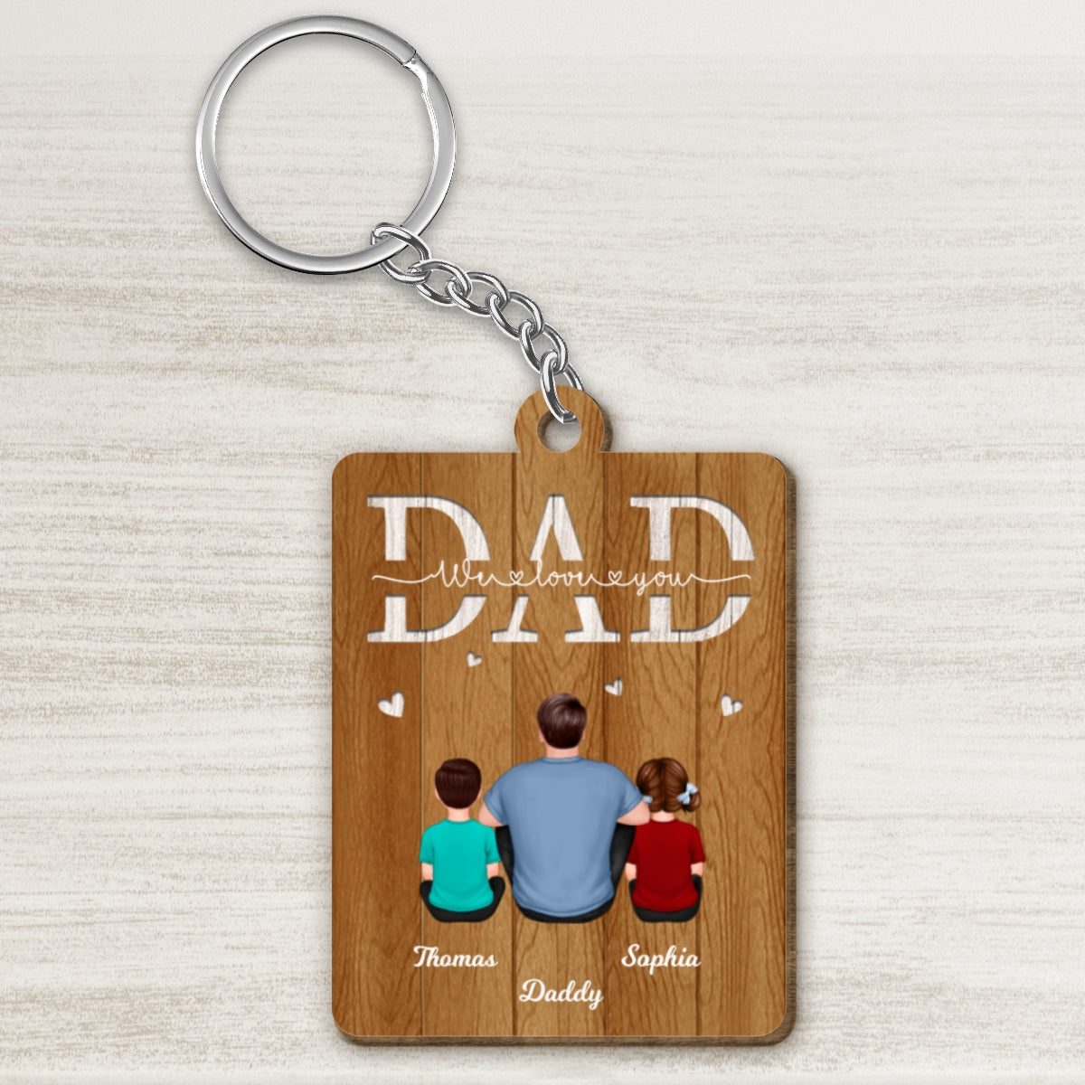 Back View Dad And Kids Dogs Cats Sitting We Love You Personalized Wooden Keychain