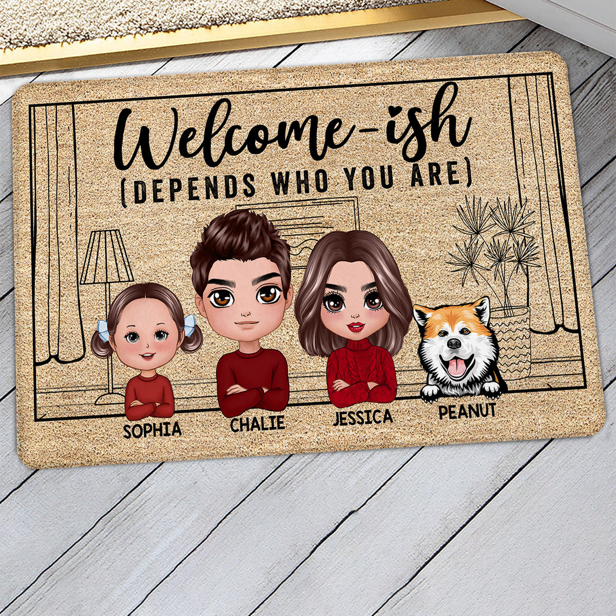 Doll Family Dad Mom Kids Dogs Cats Welcome-ish Personalized Doormat
