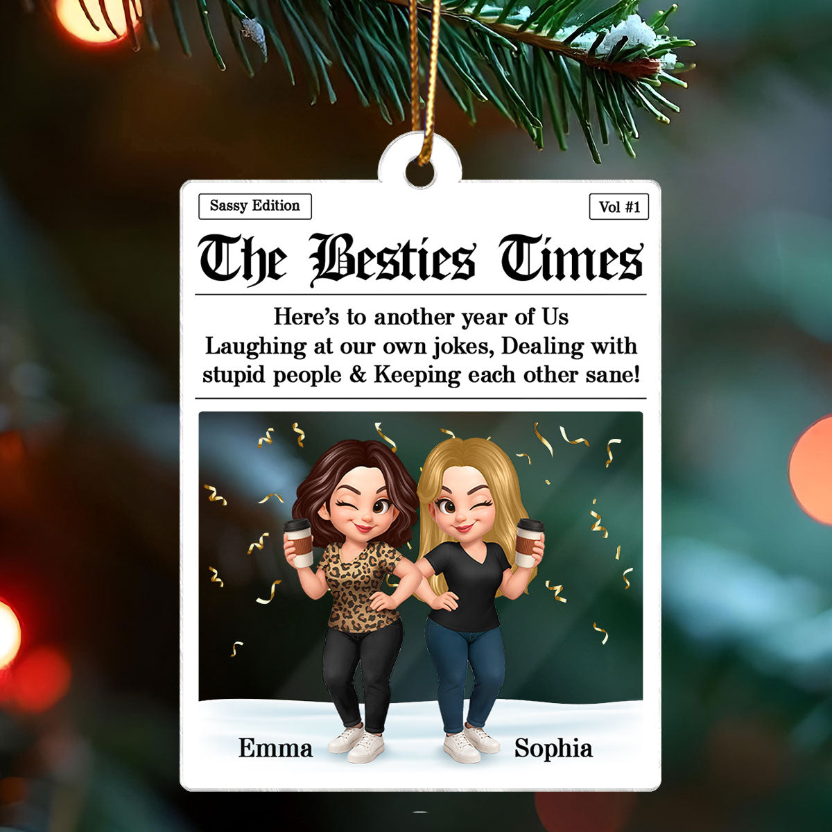 Newspaper Besties Sisters Friends Personalized Acrylic Ornament, Christmas Gift