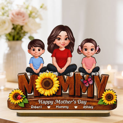 Sunflower Mom And Kids - Personalized 2-Layered Wooden Plaque - Mother's Day Gift For Mom, Wife
