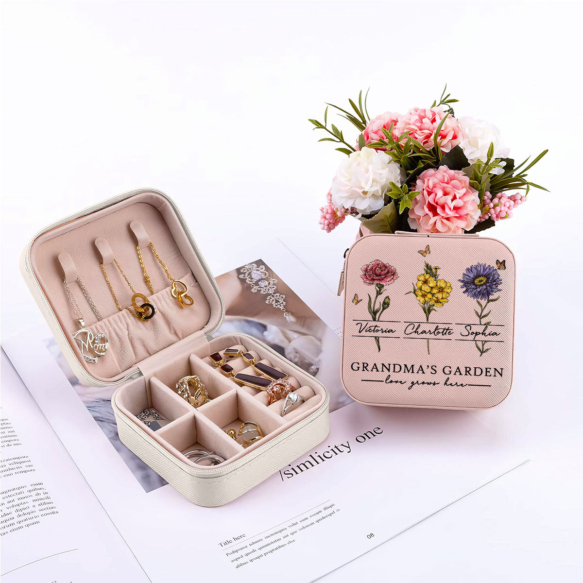 Vintage Grandma's Garden Love Grows Here Beautiful Birth Month Flower Personalized Jewelry Box, Gift For Grandma, Mom